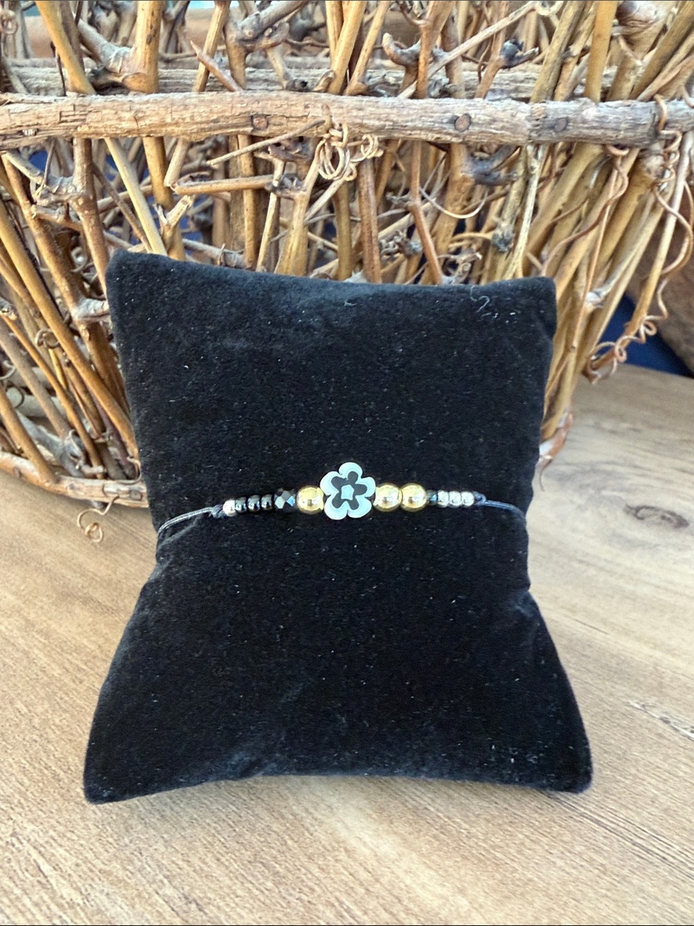 Gold and Black Flower Bead Bracelet - Women's Jewelry
